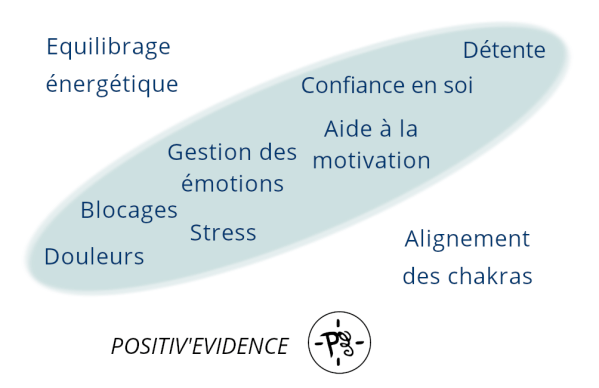 Nuage de mots réalisé par Pauline pour Positiv'Evidence dans un cercle bleu pâle décrivant des exemples de ce que quoi nous pouvons travailler en séance d'accompagnement par le magnétisme à savoir : l'équilibrage des énergies, l'aligement des chakras, la gestion des émotions, le travail sur les douleurs, les blocages, la confiance en soi, le stress, l'aide à la motivation ou encore la détente.
