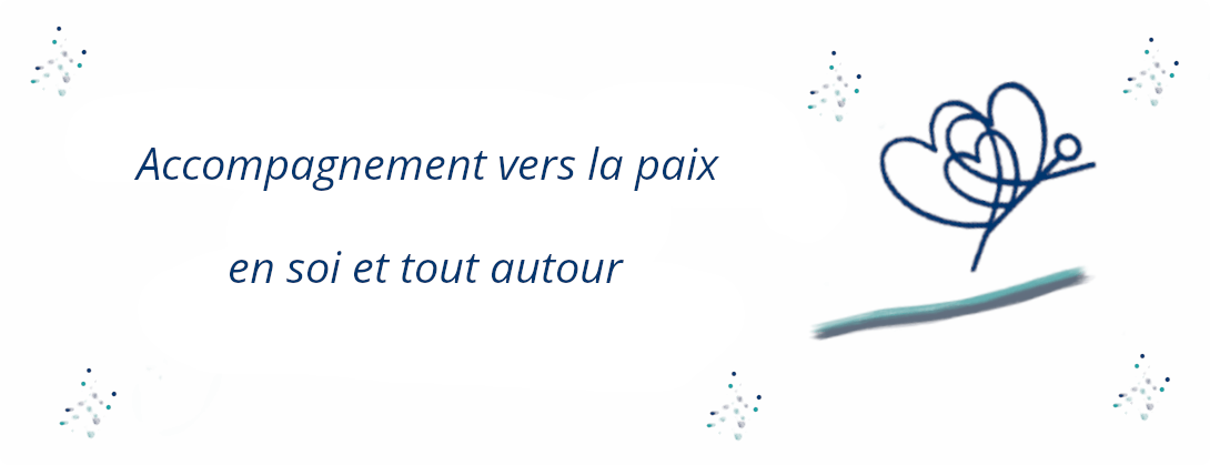 Image créée par Pauline, pacificatrice et énergéticienne pour Positivevidence. Le fond de l'image est blanc. En bleu est écrit "Accompagnement vers la paix en soi et tout autour" et sur le côté droit de l'image, un bonhomme papillons prend son envol avec des ailes bleues en forme de coeur.