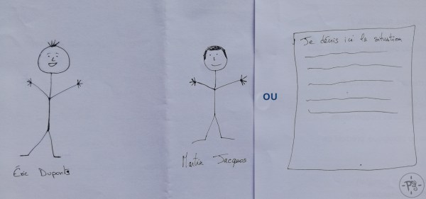Image créée par Positiv'Evidence représentant des bonhommes allumettes dessinés en noir sur un papier blanc. Un rectangle blanc est dessiné sur la droite de la feuille pour le cas où il s'agit de situation à décrire dans le rectangle.