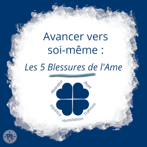 Image créée par Positiv'Evidence représentant une tâche d'encre blanche sur fond bleu foncé. Dans cette tâche blanche est écrit :"Avancer vers soi-même : les 5 blessures de l’Ame". En dessous du texte, une image représente quatre coeurs bleus qui se rejoignent pour former un trèfle à quatre feuilles. Sur les côtés sont écrits les 5 blessures : le rejet, l’abandon, la trahison, l’humiliation et l’injustice.