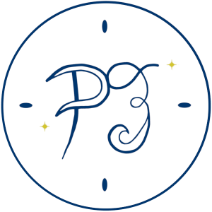 Logo de Positiv'Evidence. Il représente un cercle avec une bordure bleu et des lettres PE dessinées en bleu aussi. De part et d'autres des lettres il y a des étoiles couleur or et des traits dans chaque coin cardinaux.