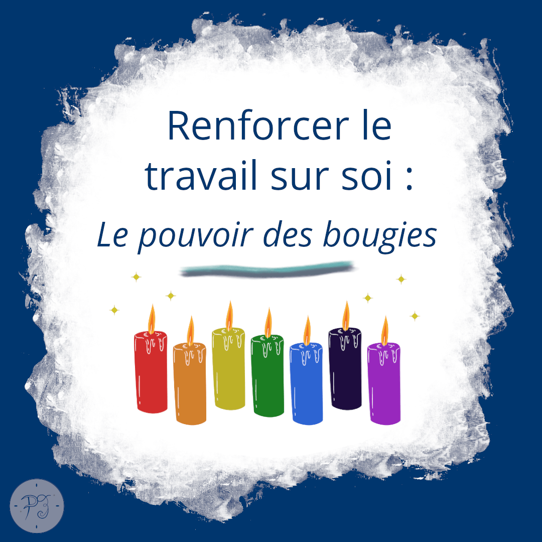 Image créée par Positiv'Evidence représentant une tâche d'encre blanche sur fond bleu foncé. Dans cette tâche blanche est écrit : "Renforcer le travail sur soi : le pouvoir des bougies". En dessous du texte, une image représentant des bougies de couleurs de chaque chakra sont dessinées.